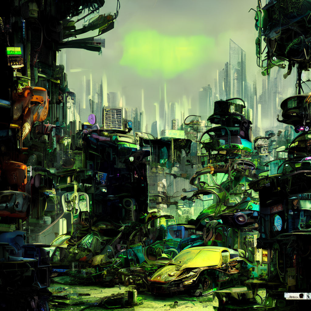Dystopian cityscape with electronic waste and polluted sky
