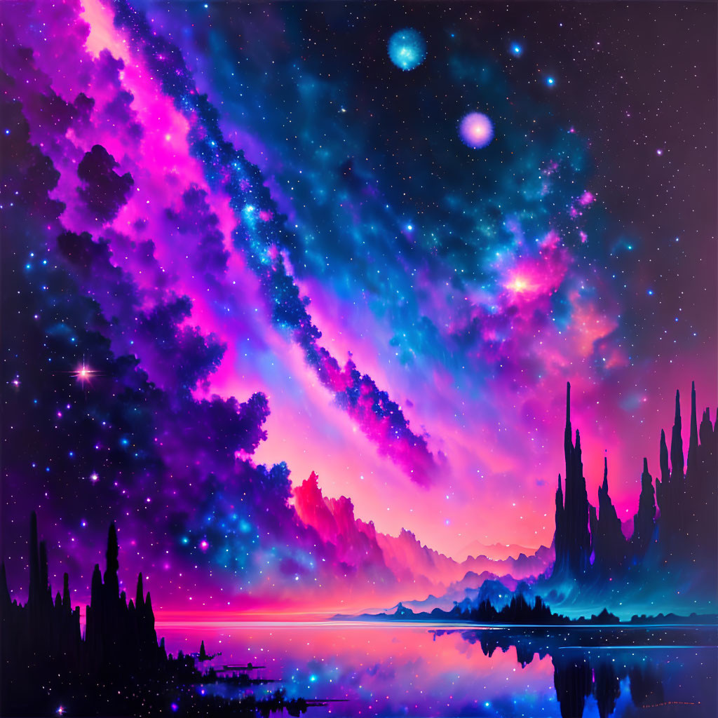 Colorful Cosmic Sky with Nebulae and Silhouetted Terrain Reflections