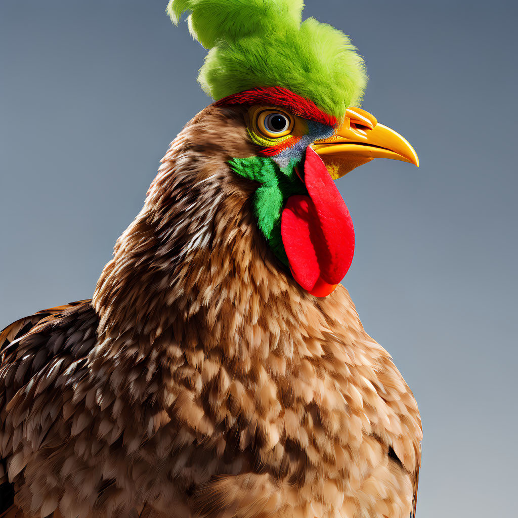 Detailed image of a chicken with green crest and wattle, showcasing textured feathers and sharp beak