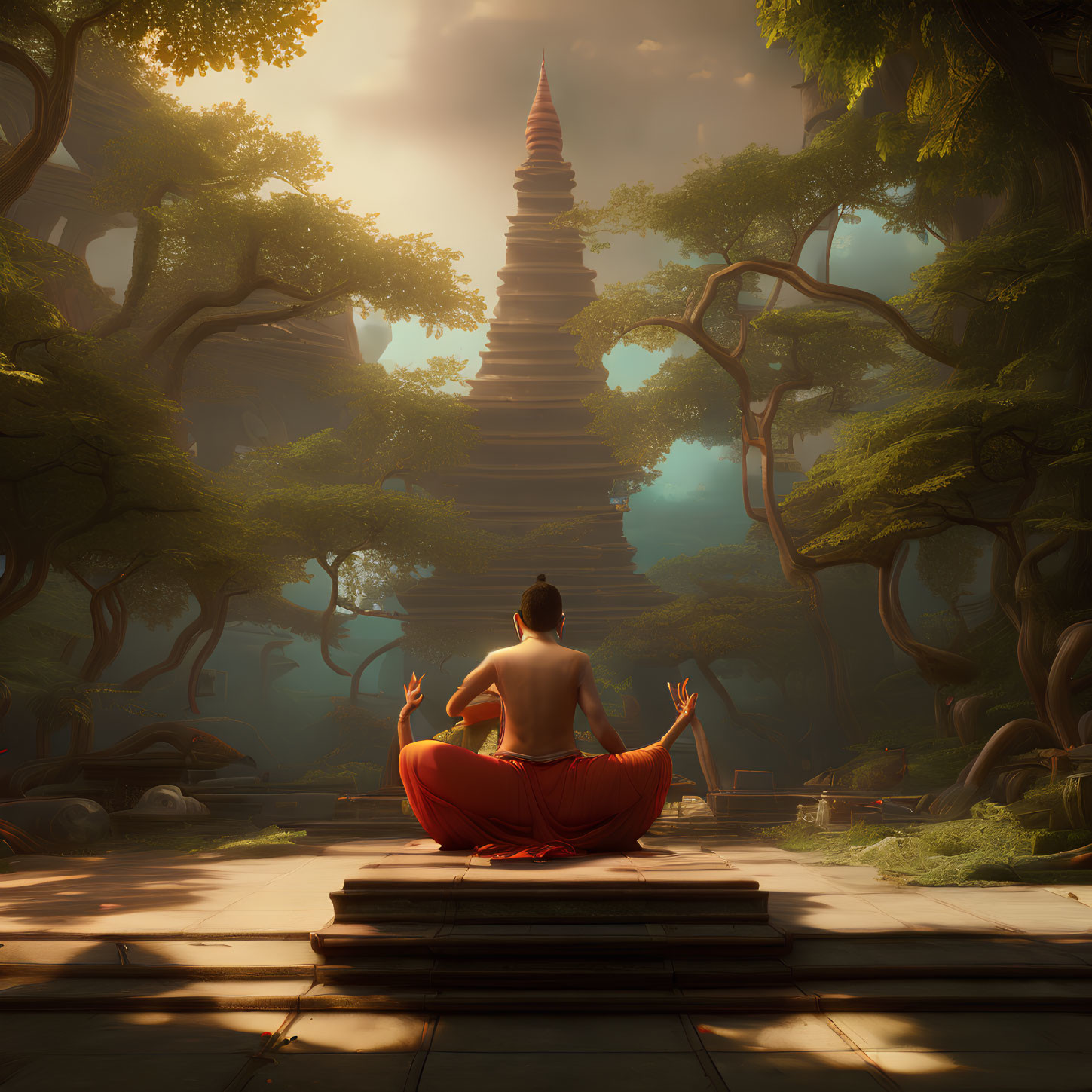 Person meditating in red attire near ancient pagoda in serene forest.