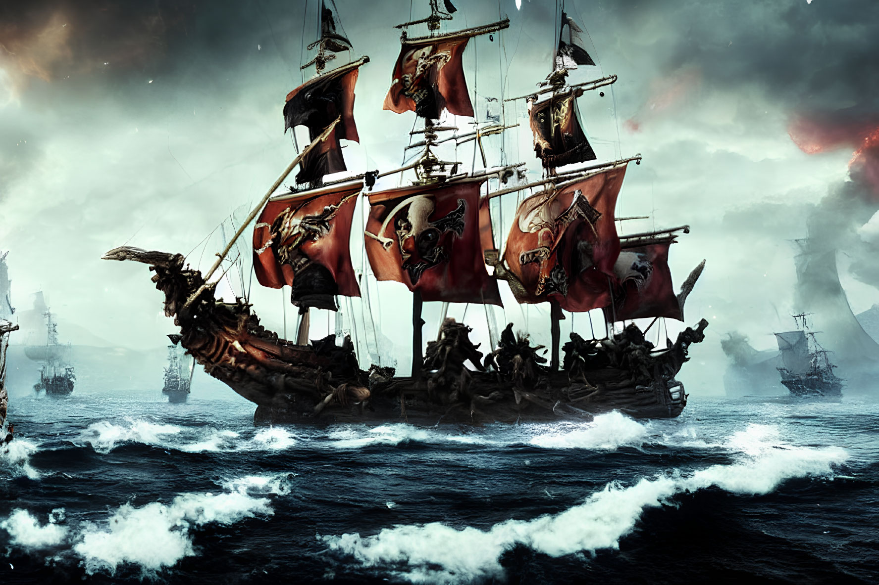 Pirate ship with skull sails in stormy seas surrounded by similar vessels