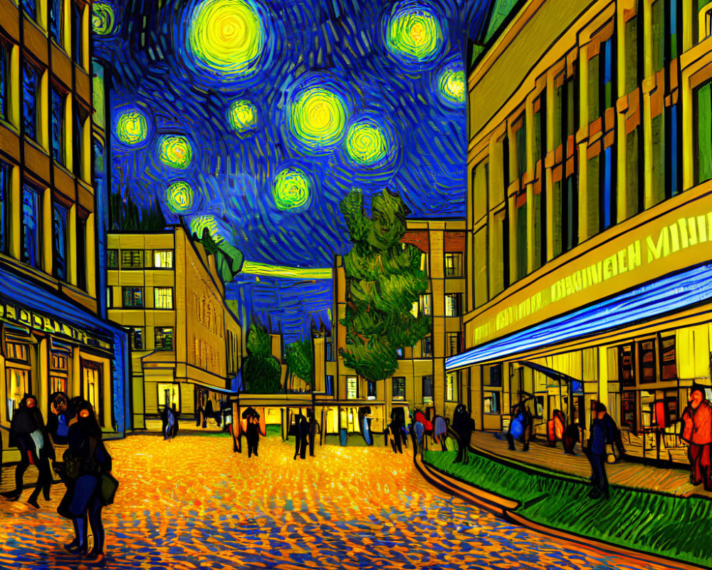 Cityscape Night Illustration: Van Gogh-Inspired Starry Sky, Pedestrians,