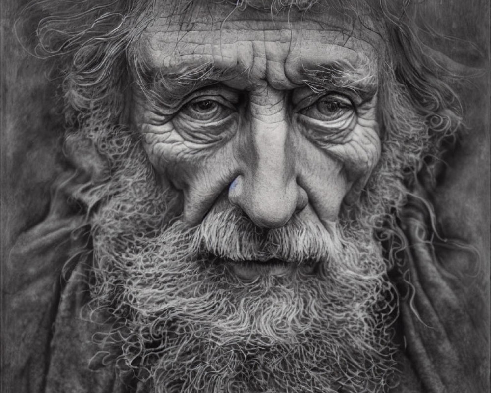 Elderly man with textured beard and deep wrinkles