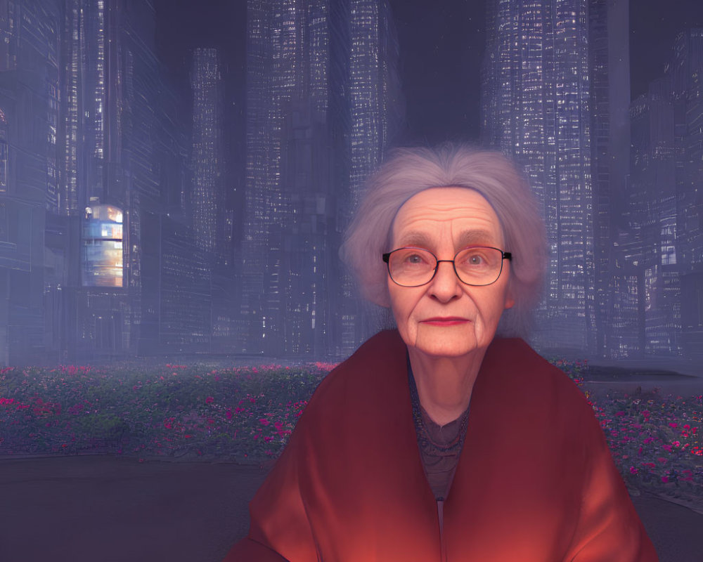 Elderly woman in red shawl with gray hair sitting in misty cityscape