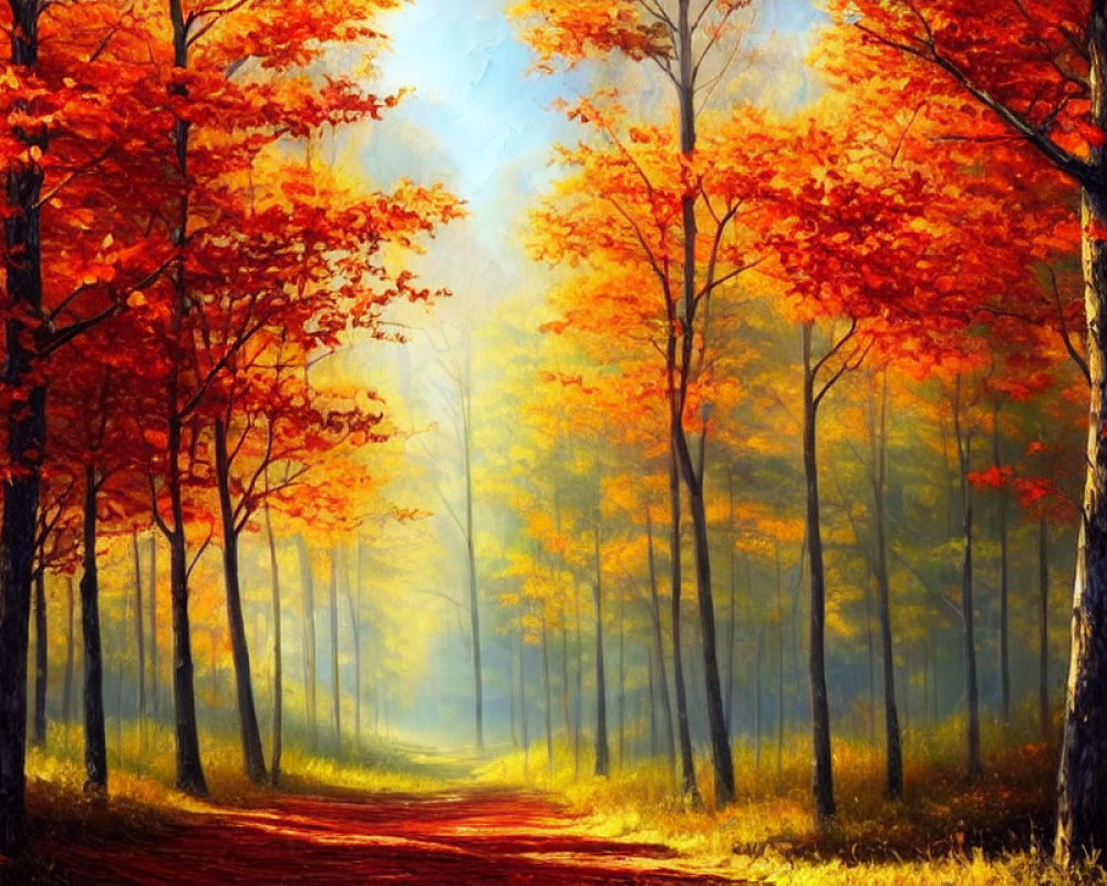 Colorful autumn forest painting with sunlit path and warm atmosphere