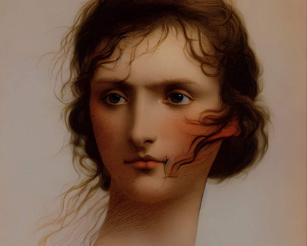 Surreal portrait of a woman with classical features and serene expression