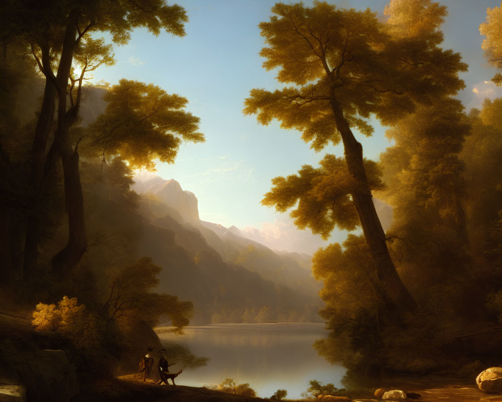 Tranquil landscape with towering trees, lake, mountains, and figure with dog.