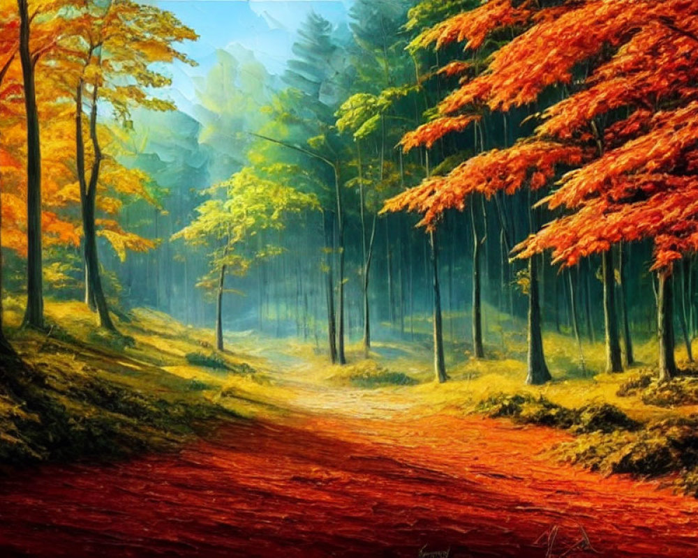 Tranquil Autumn Forest Path with Red Leaves and Vibrant Foliage