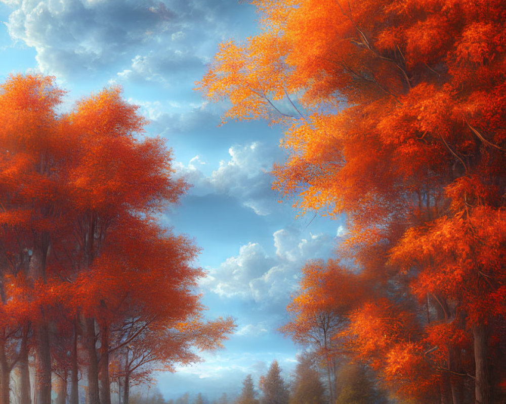 Autumn Trees Along Serene Path Under Dynamic Sky