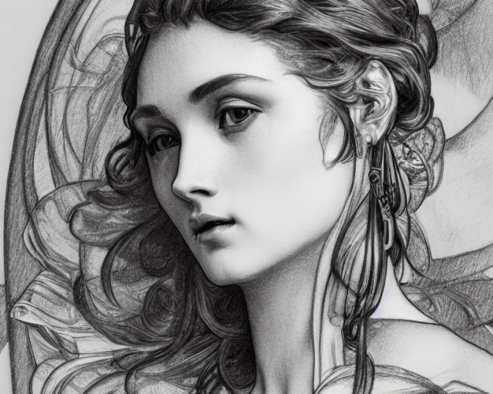 Detailed pencil drawing of a woman with flowing hair and intricate patterns