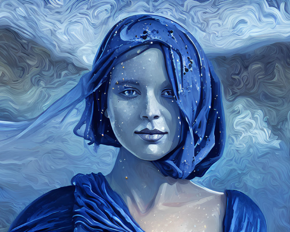 Digital painting of woman with blue scarf and starry face on swirling blue background