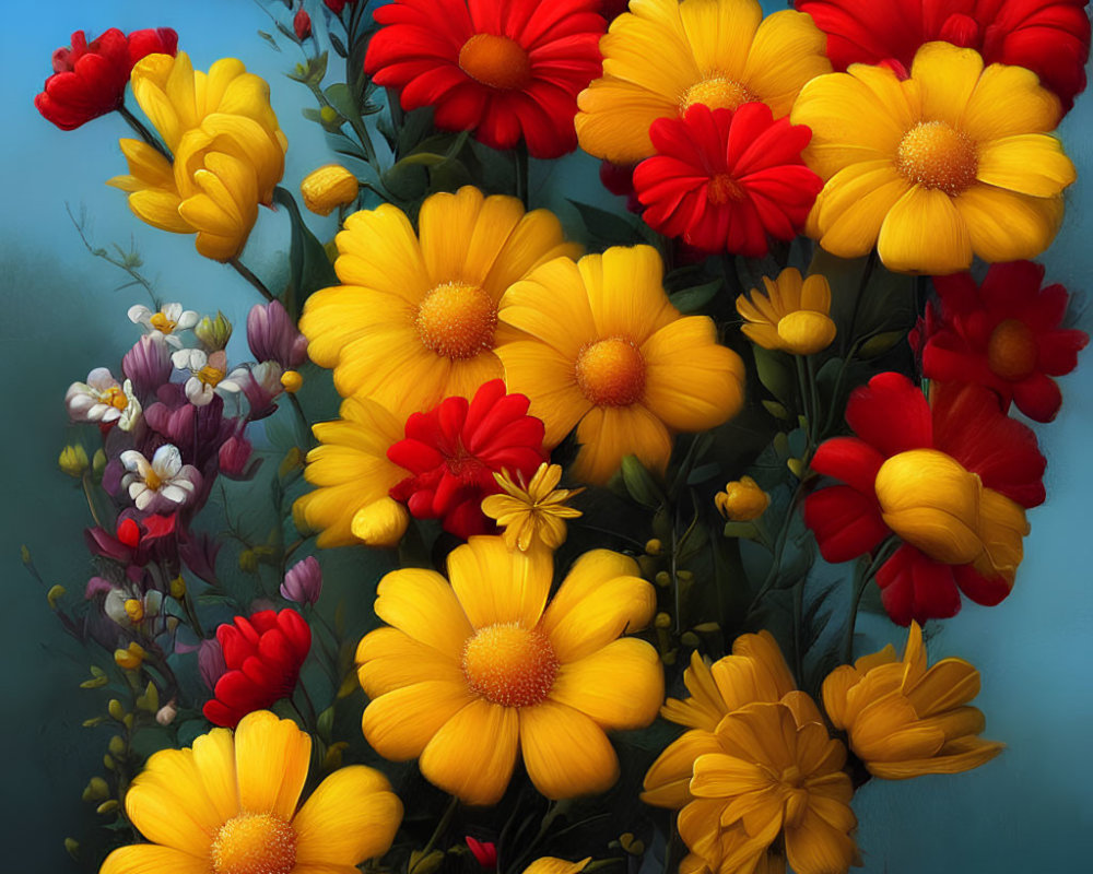 Colorful Red and Yellow Flower Bouquet on Blue Background