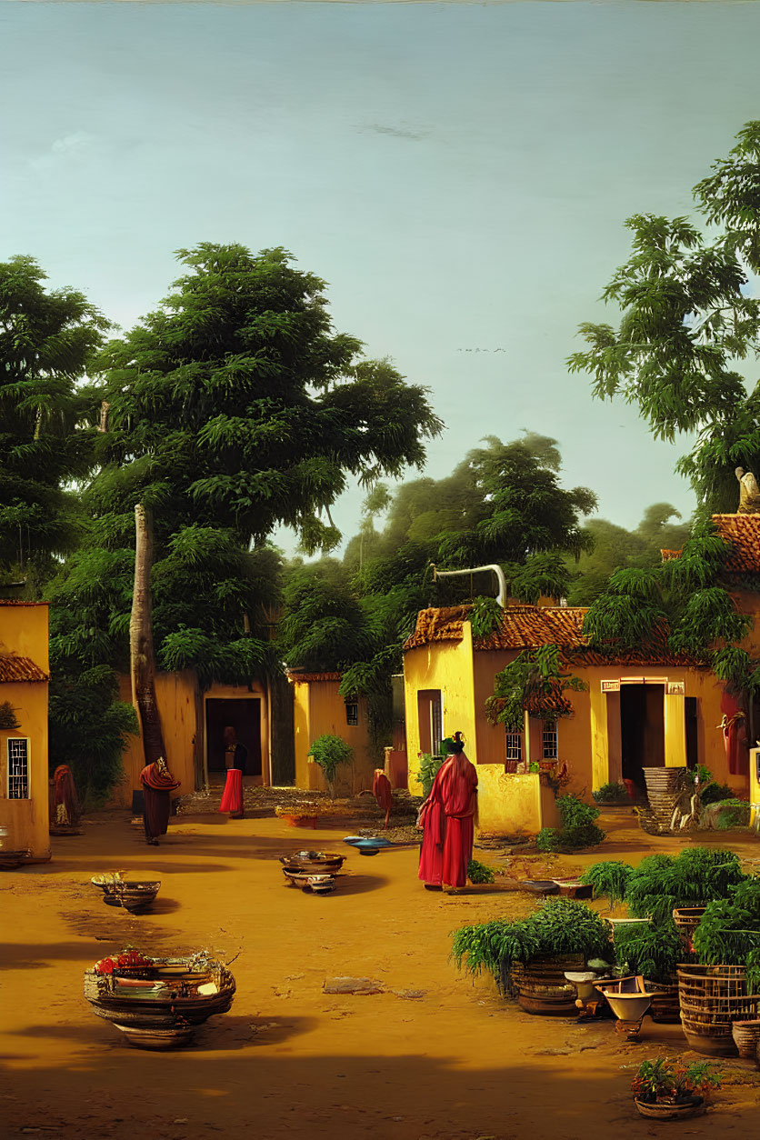 Tranquil village scene with green trees, yellow houses, and people in red clothing