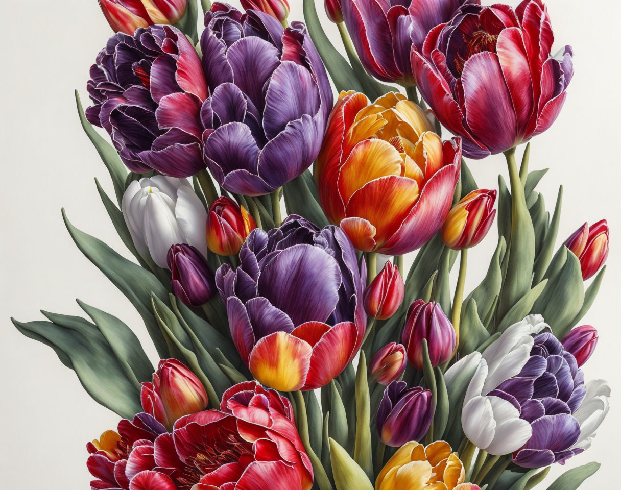 Colorful Tulip Bouquet on White Background: Purple, Red, Orange Flowers