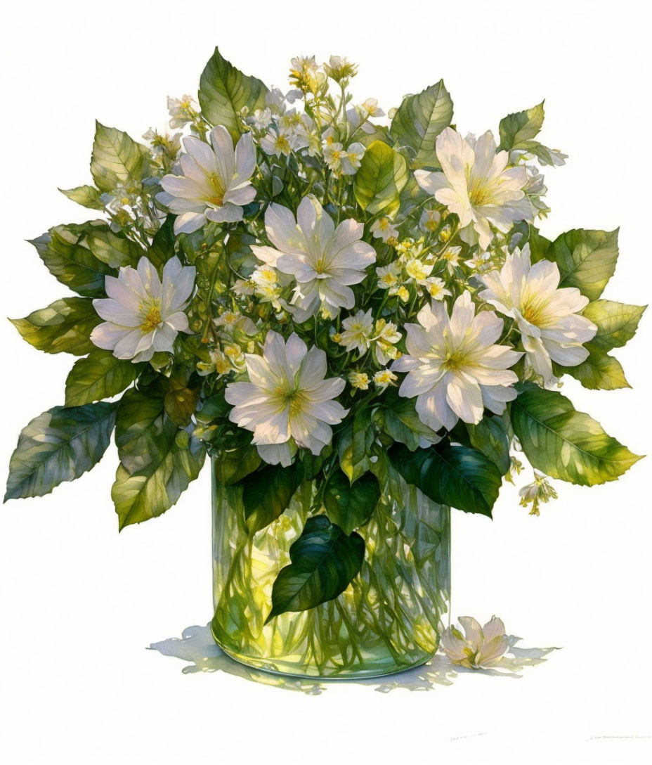 Realistic painting of glass vase with white flowers and green leaves on white background