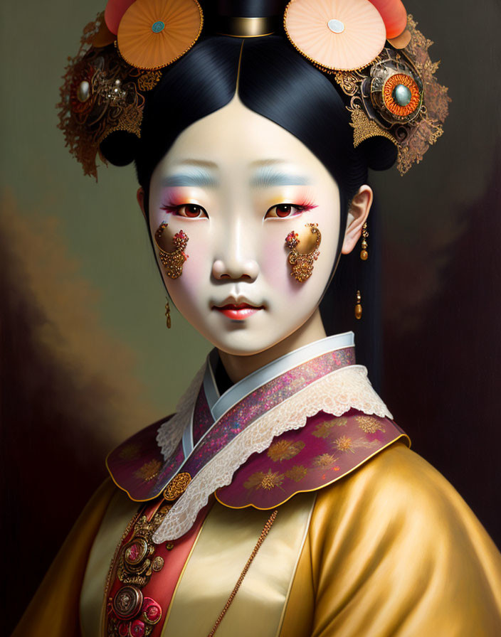 Traditional East Asian attire with ornate hair accessories and detailed makeup in gold and floral designs
