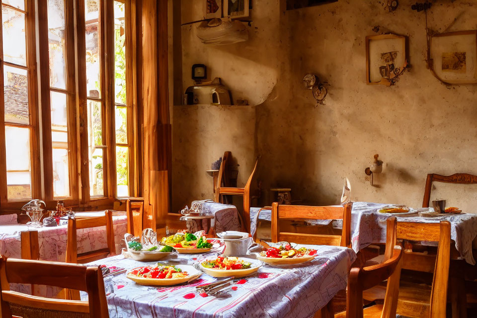 Rustic dining room with vintage decor and sunlight streaming in