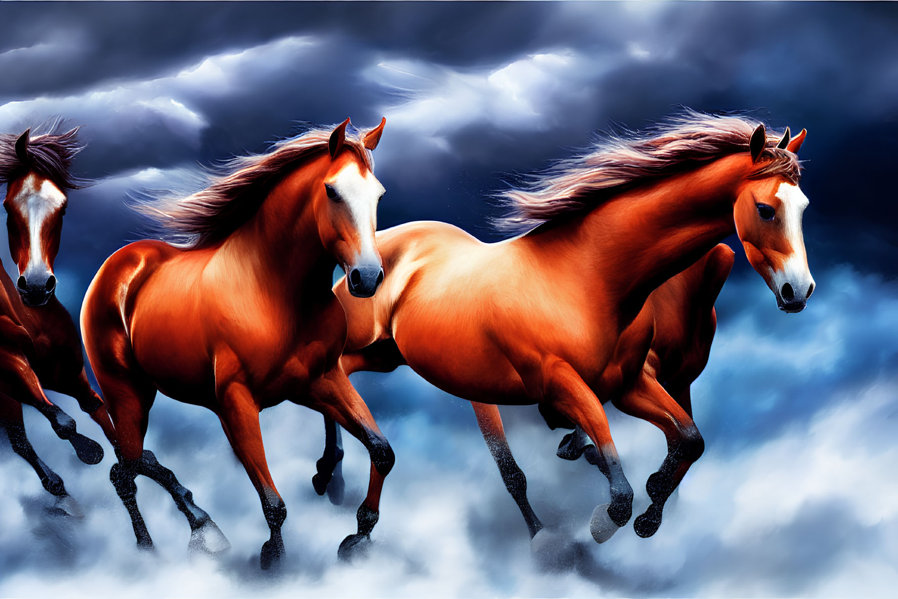Three Majestic Chestnut Horses Running Under Dynamic Cloudy Sky