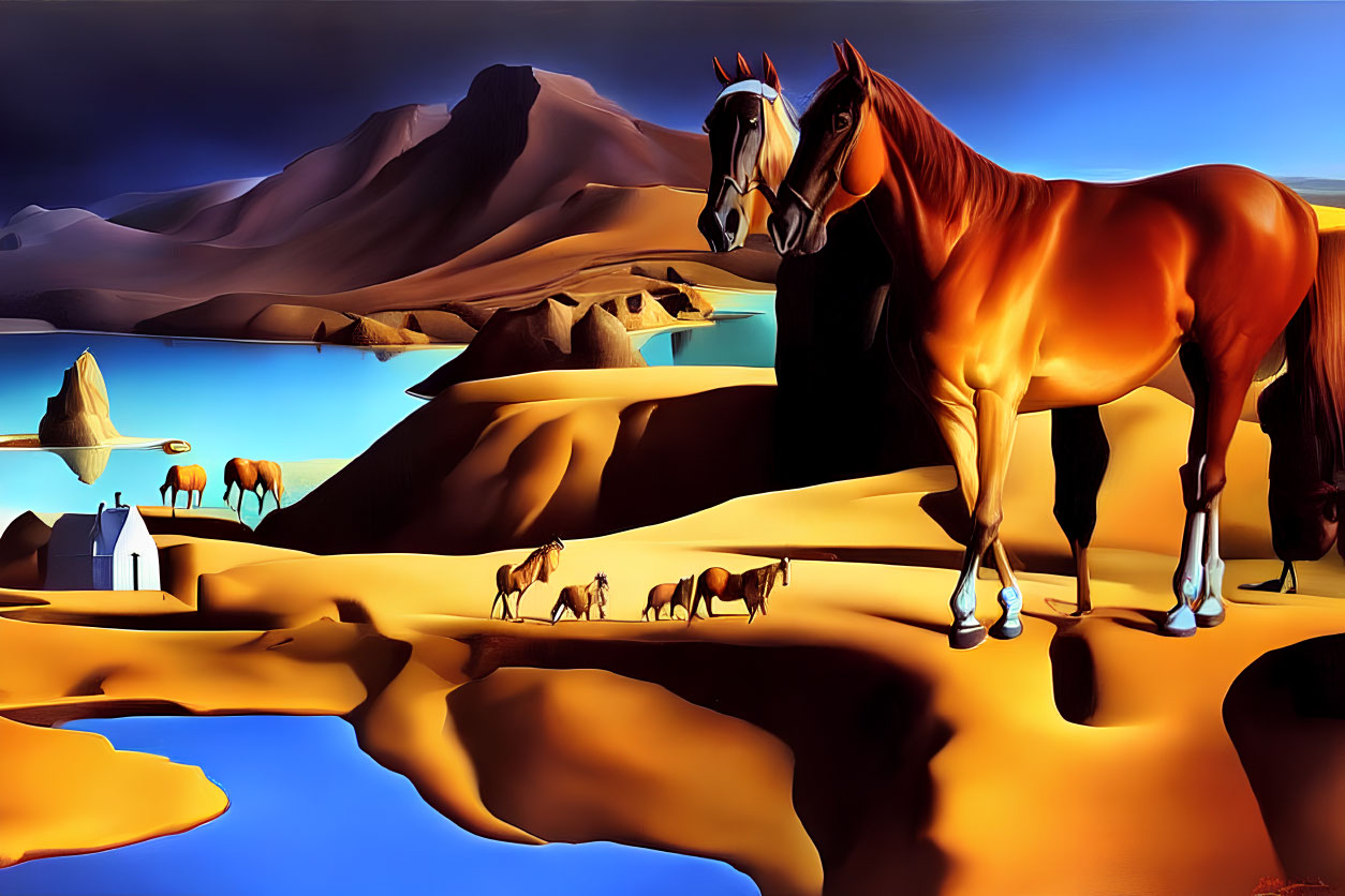 Surreal desert landscape with bay horse and white house