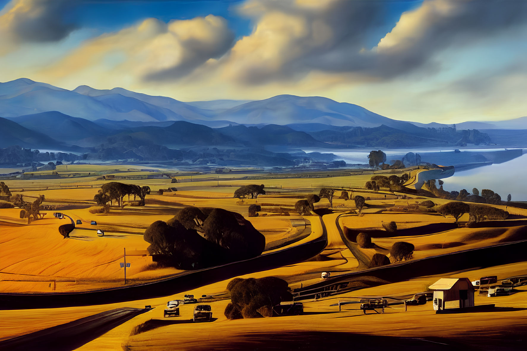 Scenic landscape with winding roads, trees, cars, structures, lake, mountains, and blue skies