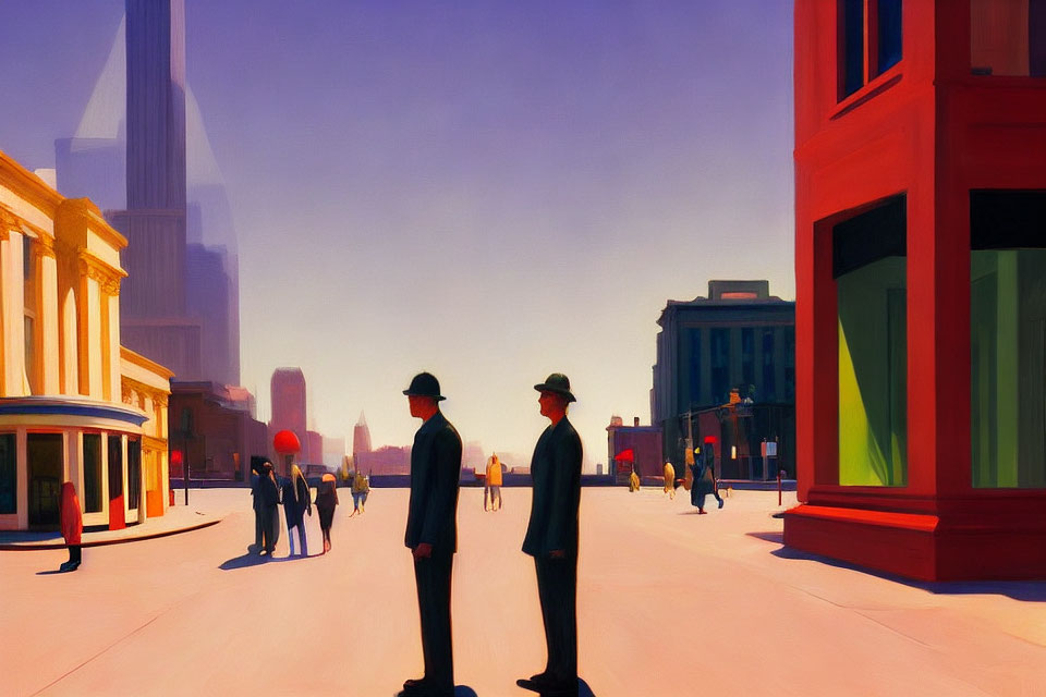 Silhouetted figures on sunlit urban street with colorful buildings.