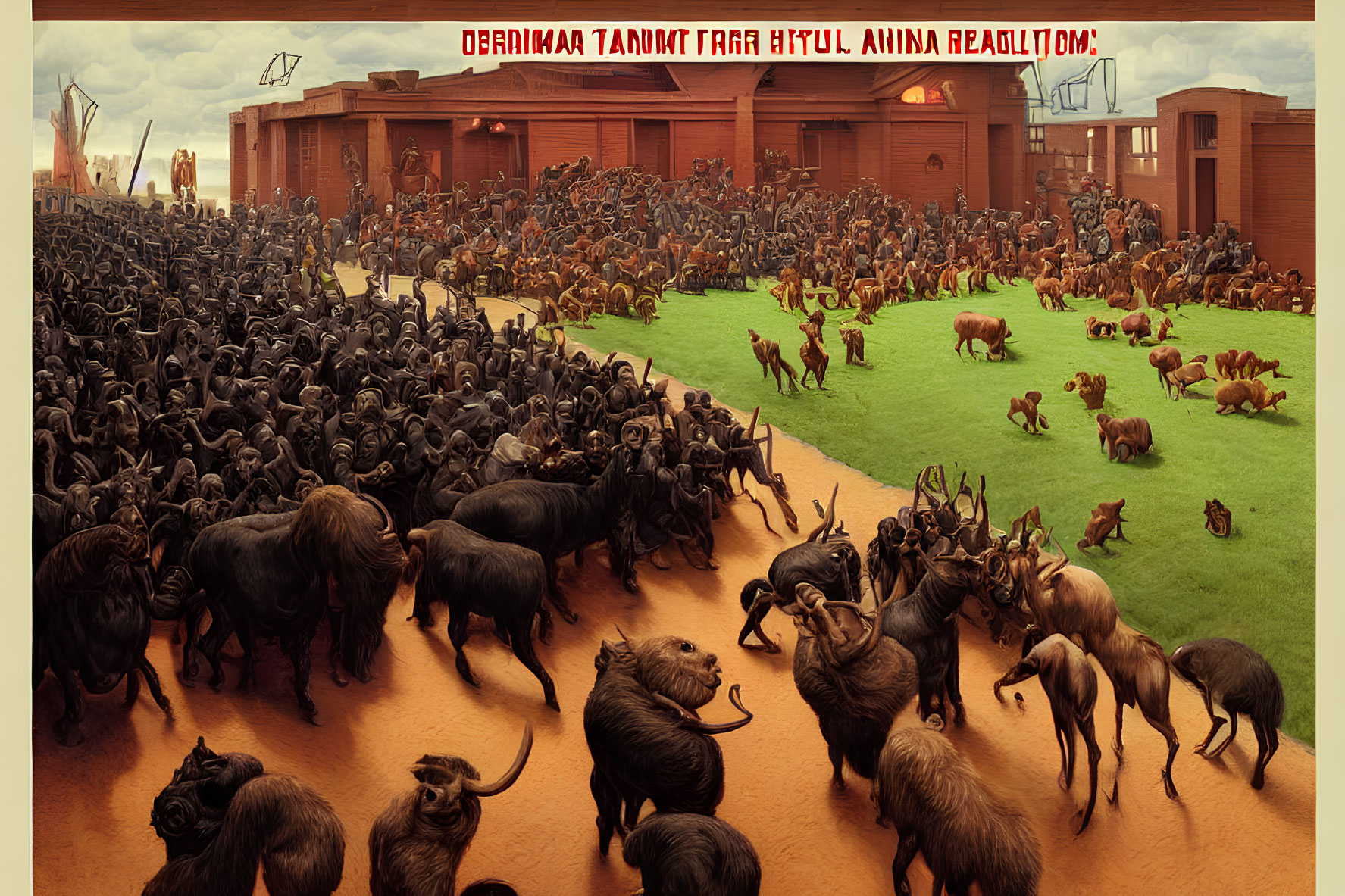 Artwork of diverse mammal species gathered in enclosure with red buildings.