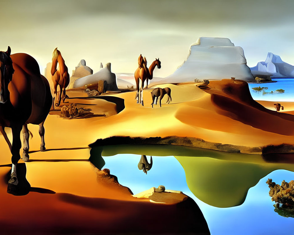 Surrealist landscape featuring horses, reflective water, desert terrain, buttes, and icebergs