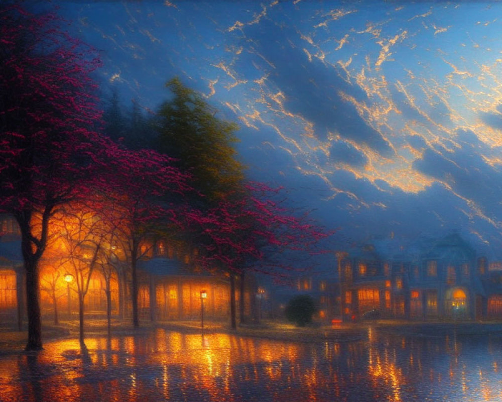 City street at twilight with glowing streetlamps, wet cobblestone, pink blossoms, and