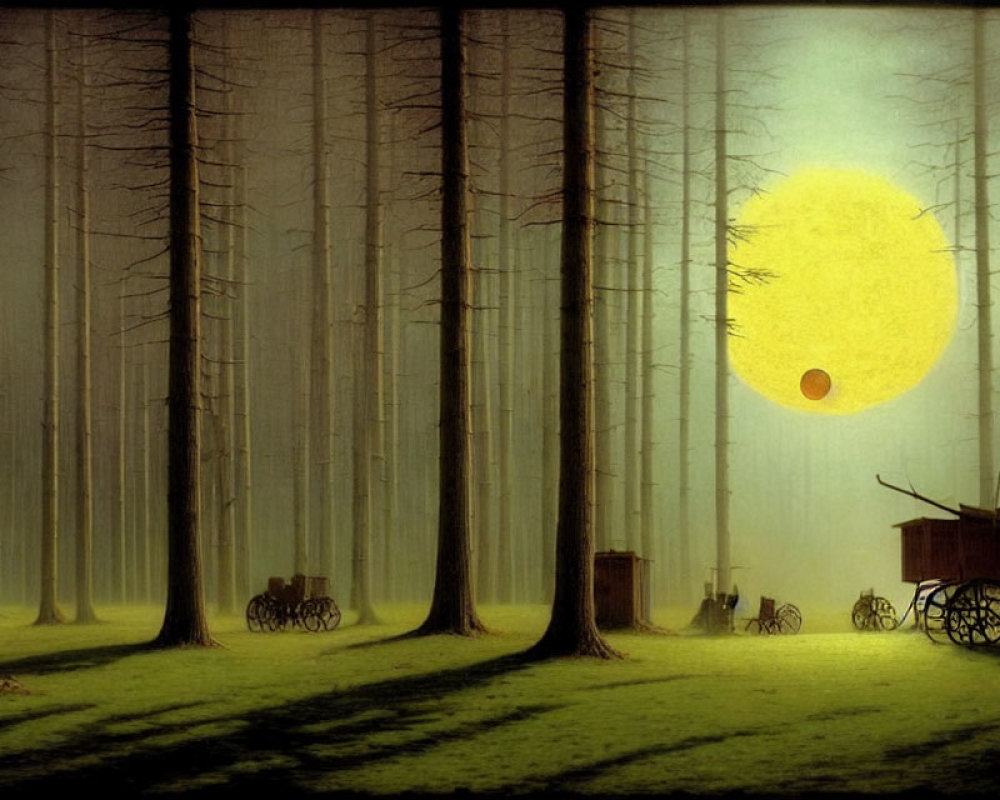 Surreal forest scene with towering trees, mist, giant moon, carts, and shed