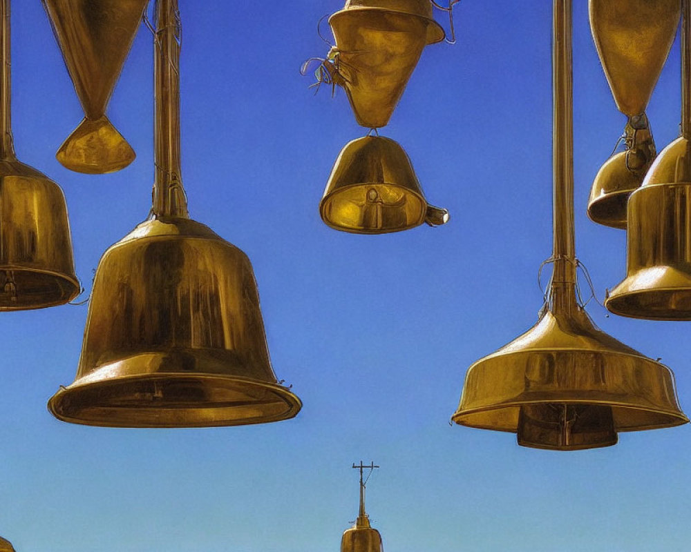 Golden Bells Hanging Against Clear Blue Sky