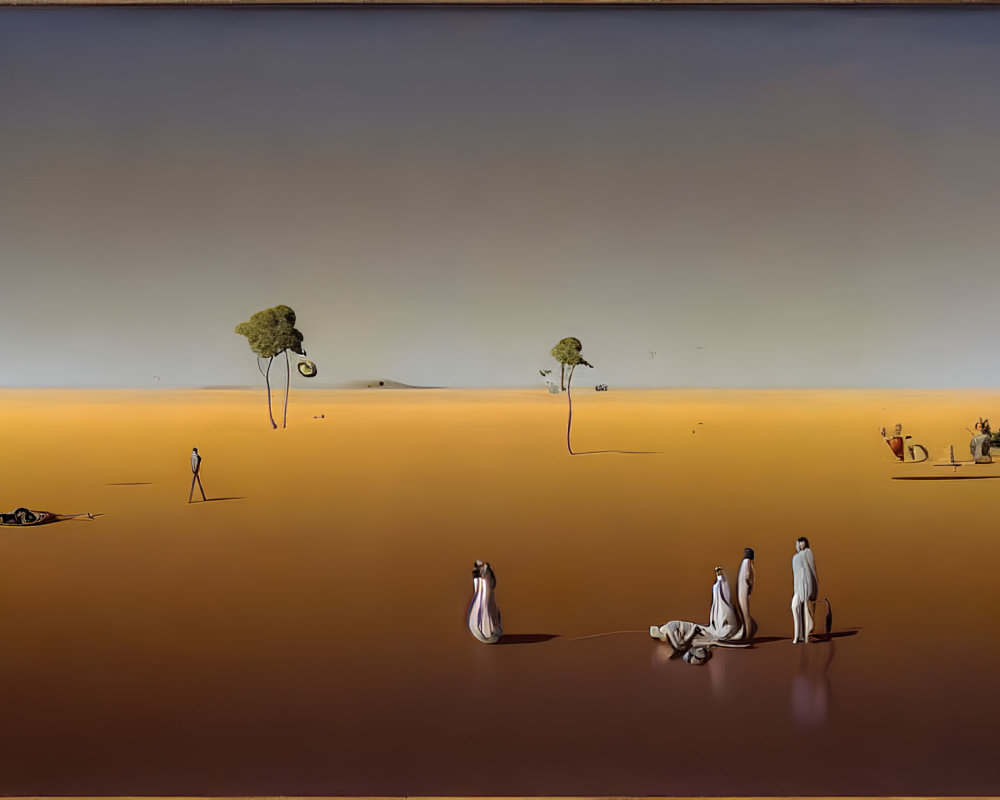Surreal desert landscape with scattered figures and trees under hazy sky