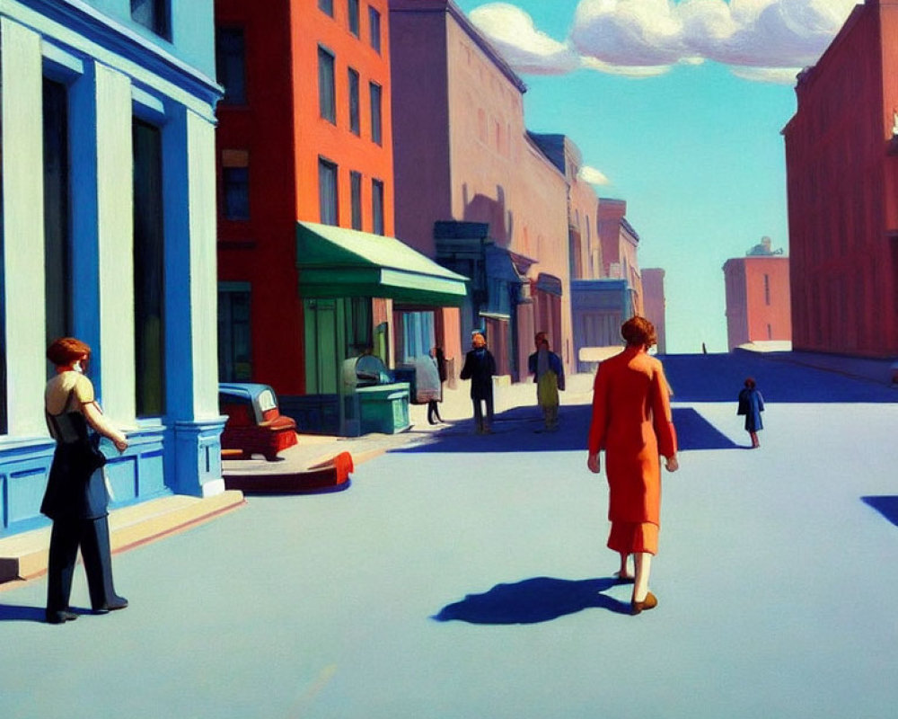 Colorful painting of people on sunny urban street with shadows and flat colors, creating serene atmosphere