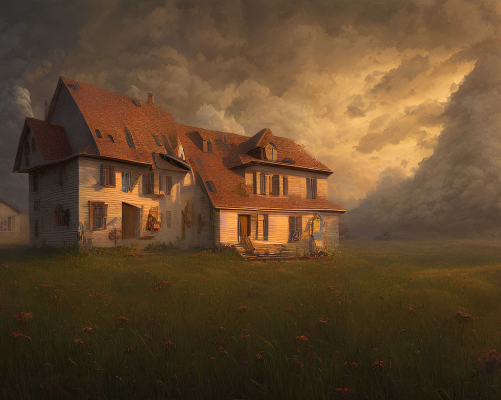 Spacious wooden house in field at dusk with dramatic clouds and warm sunlight.