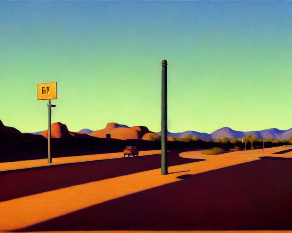 Desolate desert road with road sign, light pole, shadowed hills, lone car, clear sky