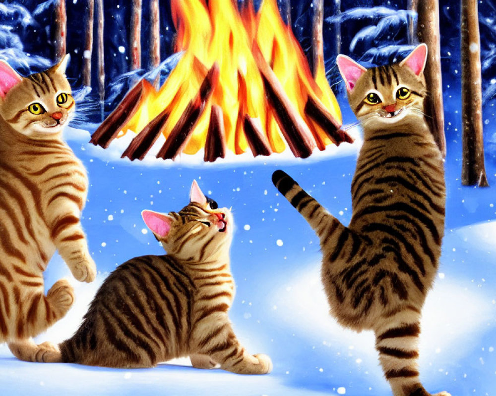 Three cartoon cats with human-like eyes around bonfire in snowy forest