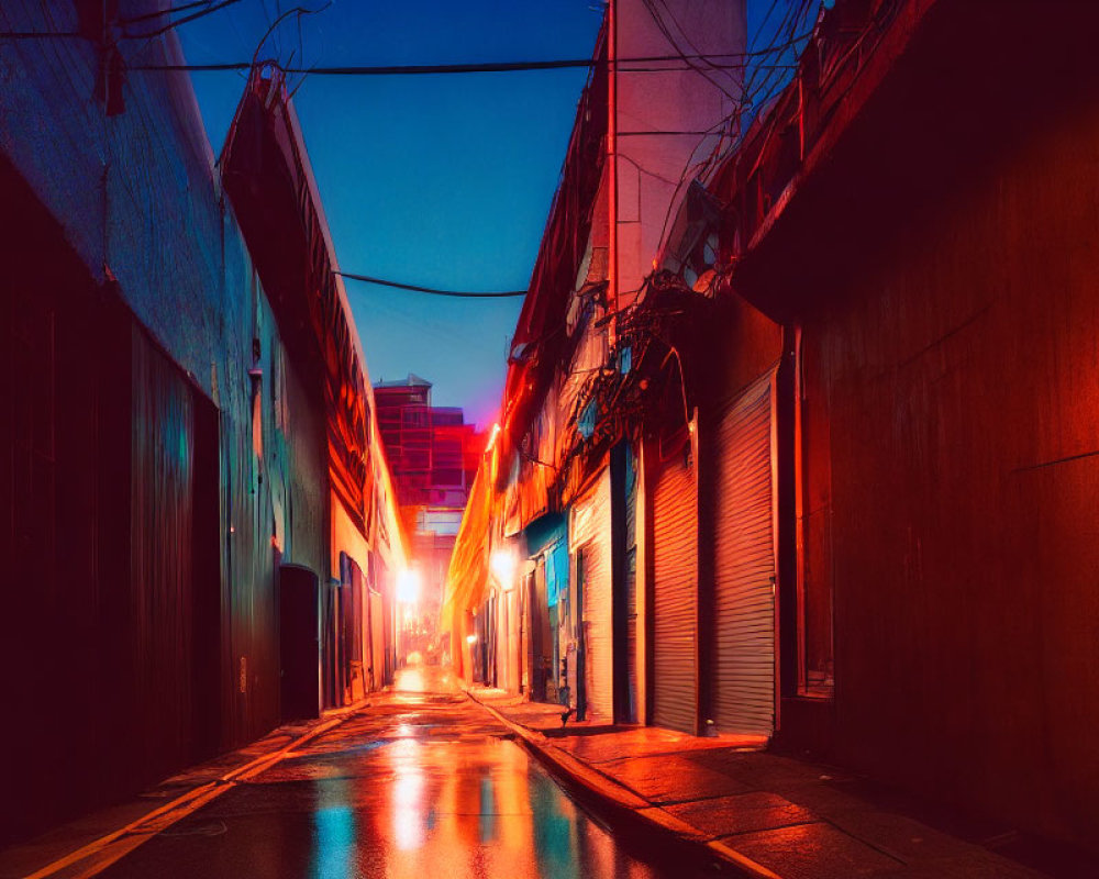 Urban alley with warm glow, wet pavement, and closed shop shutters.