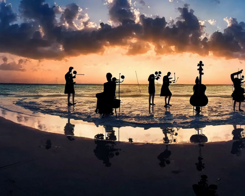 String quartet performing on beach at sunset with silhouettes reflected in water