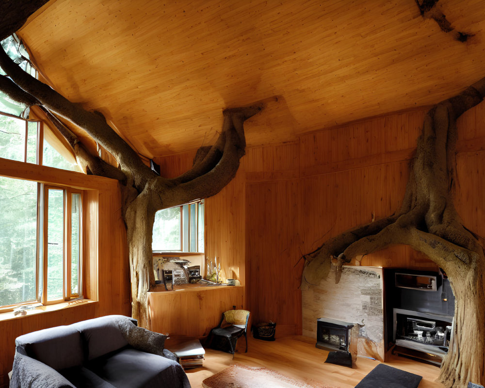 Rustic wooden interior with vaulted ceiling, tree branches, forest view, fireplace, and sofa