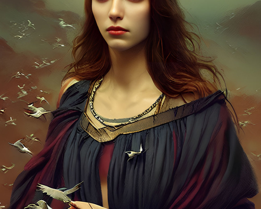 Serene woman holding bird in digital painting surrounded by flying birds