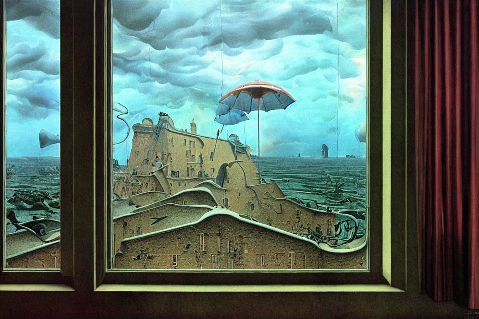 Surreal painting of rainy landscape with floating umbrella