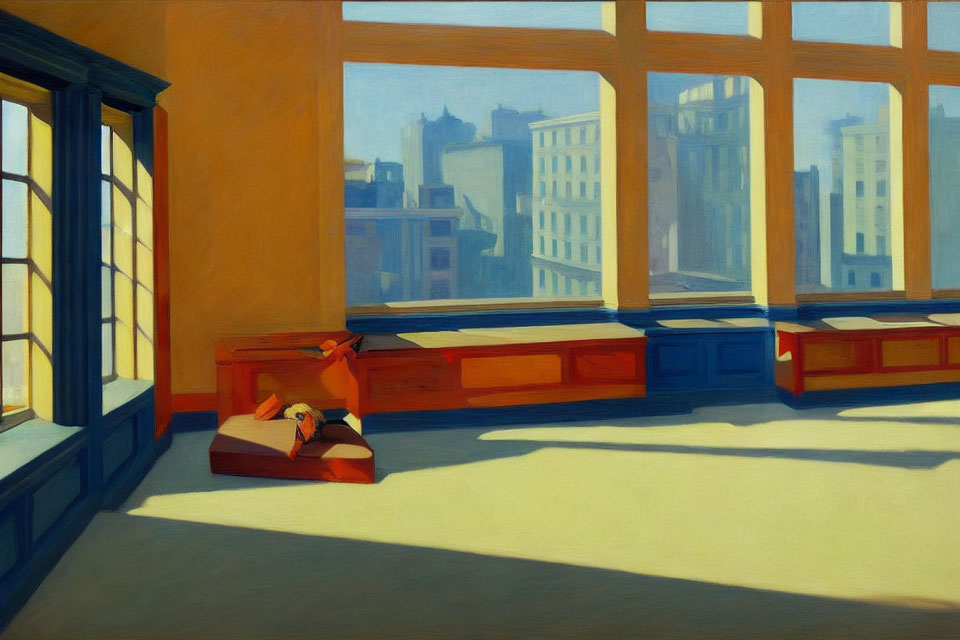 Person resting by sunlit window overlooking cityscape in warm indoor setting