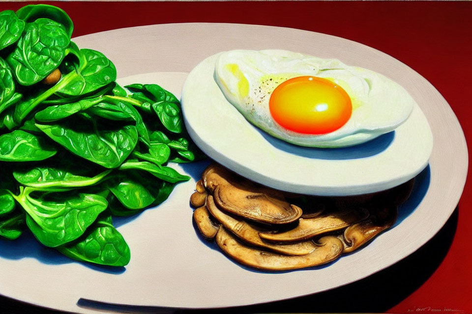 Realistic breakfast plate with spinach, mushrooms, and sunny-side-up egg on red background