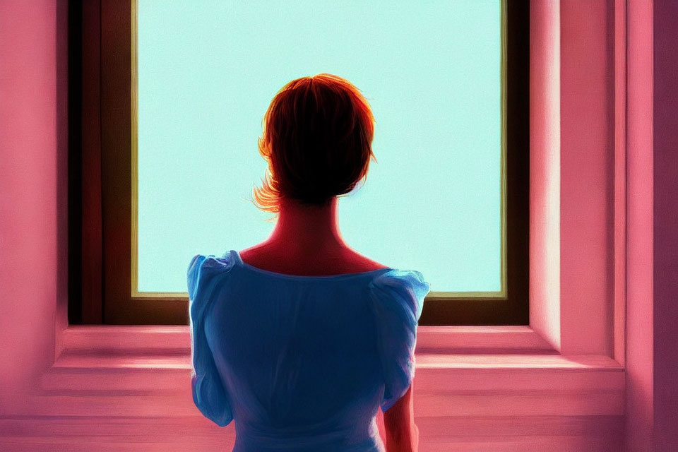 Short-haired woman in blue dress standing by bright window