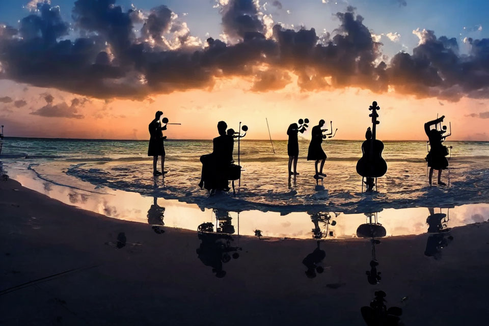 String quartet performing on beach at sunset with silhouettes reflected in water