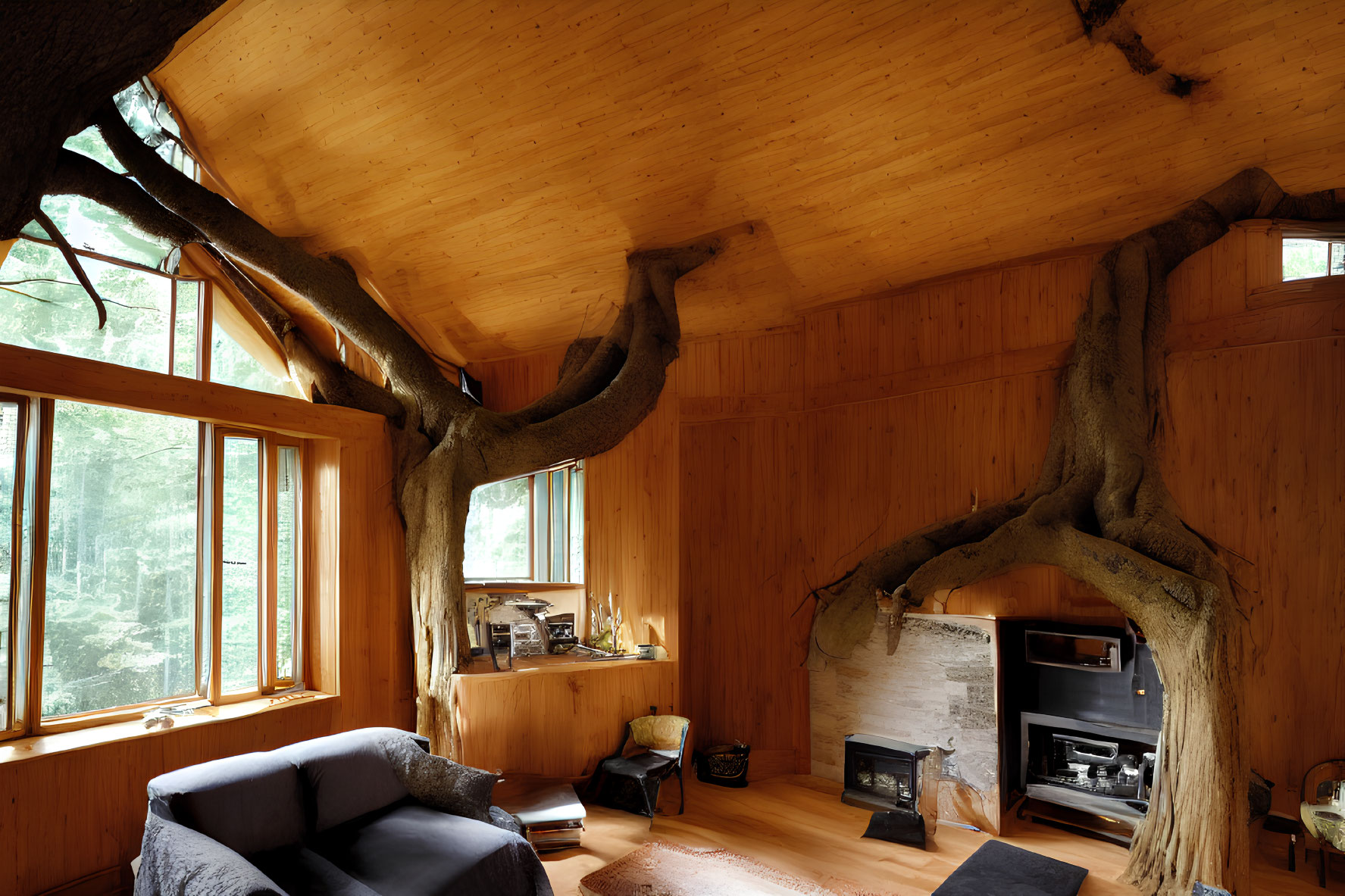 Rustic wooden interior with vaulted ceiling, tree branches, forest view, fireplace, and sofa