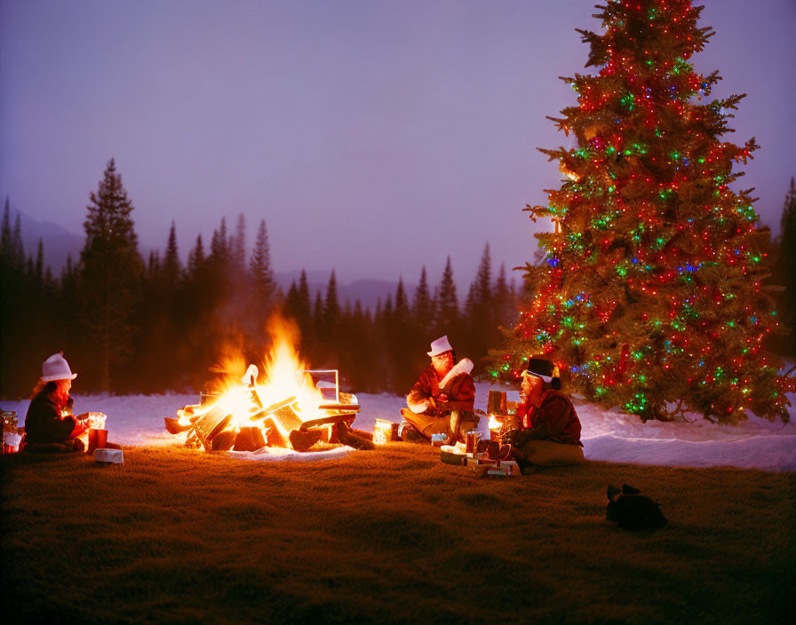 Campfire Scene: People by Christmas Tree in Snowy Forest at Night