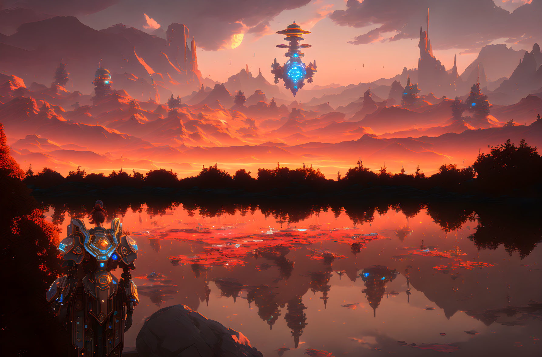 Armored figure in futuristic landscape with red hues and floating structures