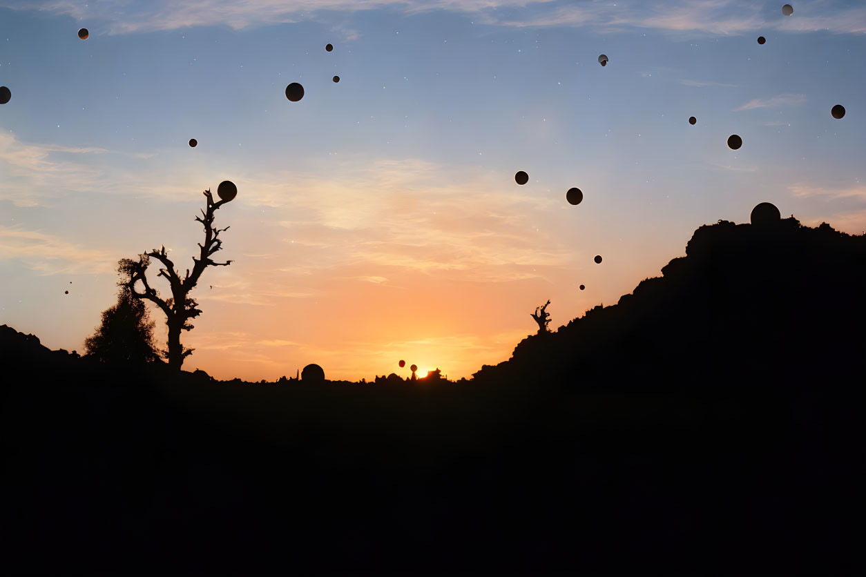 Vibrant sunset desert scene with floating spheres in the sky
