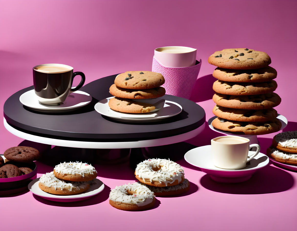 Assorted baked goods and coffee on two-tiered server with pink backdrop