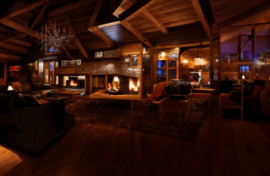Warm Wooden Cabin Interior with Fireplace and Exposed Beams